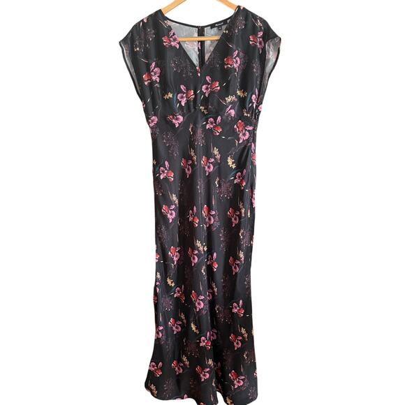 MADEWELL | Black Floral Wide V Neck Midi Dress Vegan Silk 1920s Style | Size 8 - Picture 2 of 8